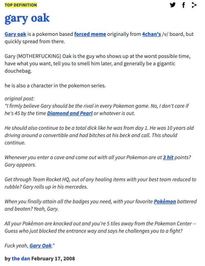 An early wiki entry documenting Gary Oak as a forced meme originating on 4chan's /v/ board in February 2008.