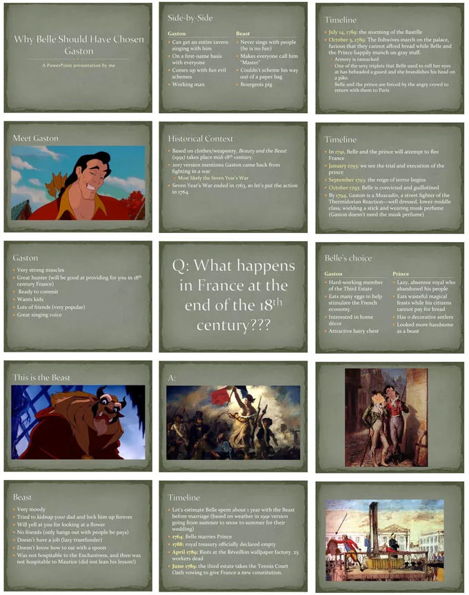 A viral 'Why Belle Should Have Chosen Gaston' PowerPoint presentation meme comparing the two suitors within 18th-century French historical context.