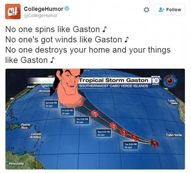 A CollegeHumor tweet turning real-life Tropical Storm Gaston into a parody of the villain's signature song.