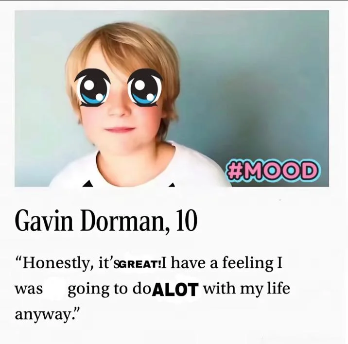 A meme edit of the Gavin Dorman profile flipping the quote to a positive tone with anime eyes and a #MOOD sticker.