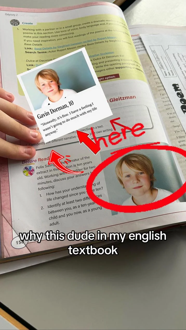 A viral TikTok pointing out Gavin Dorman's picture appearing in an English literature textbook.