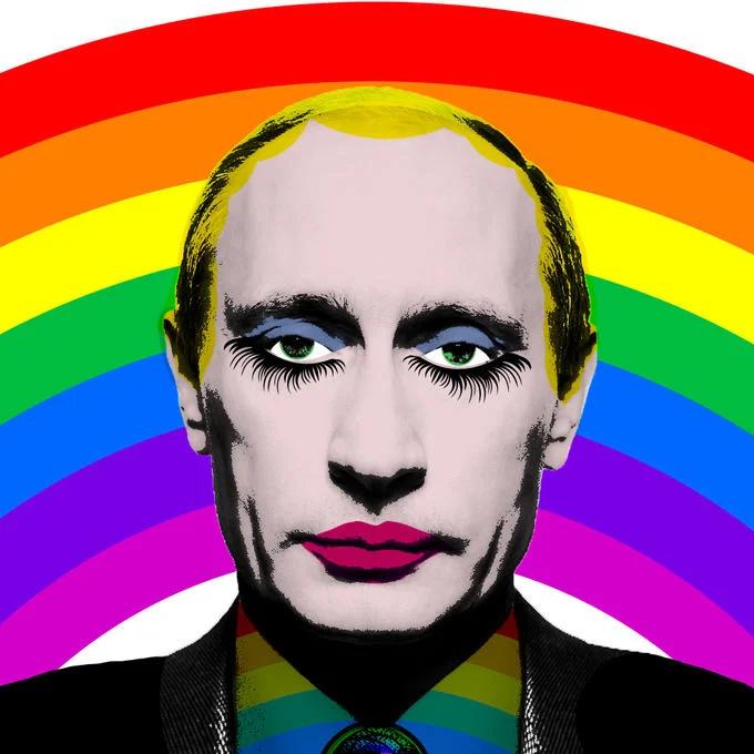 The complete 'Gay Clown Putin' pop-art poster showing Putin in a suit with a rainbow tie, one of the most-shared variants of the meme.
