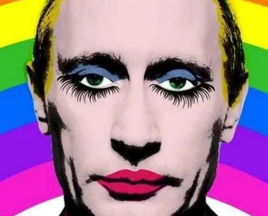 The iconic 'Gay Clown Putin' pop-art image depicting Vladimir Putin wearing makeup against a rainbow background, widely used as a protest symbol against Russia's anti-LGBT laws.