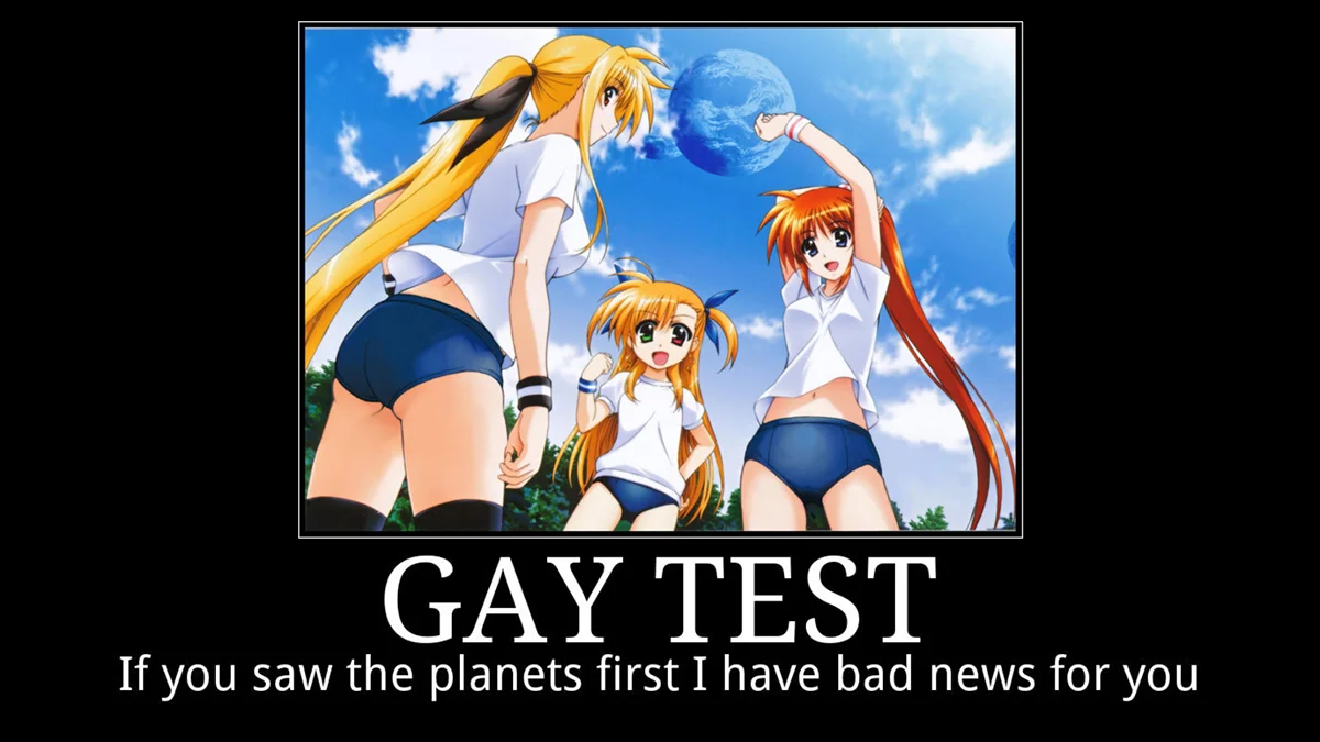 The banner image of the 'Gay Test' meme, using an anime scene to joke that only a straight person would notice the planets before the girls.