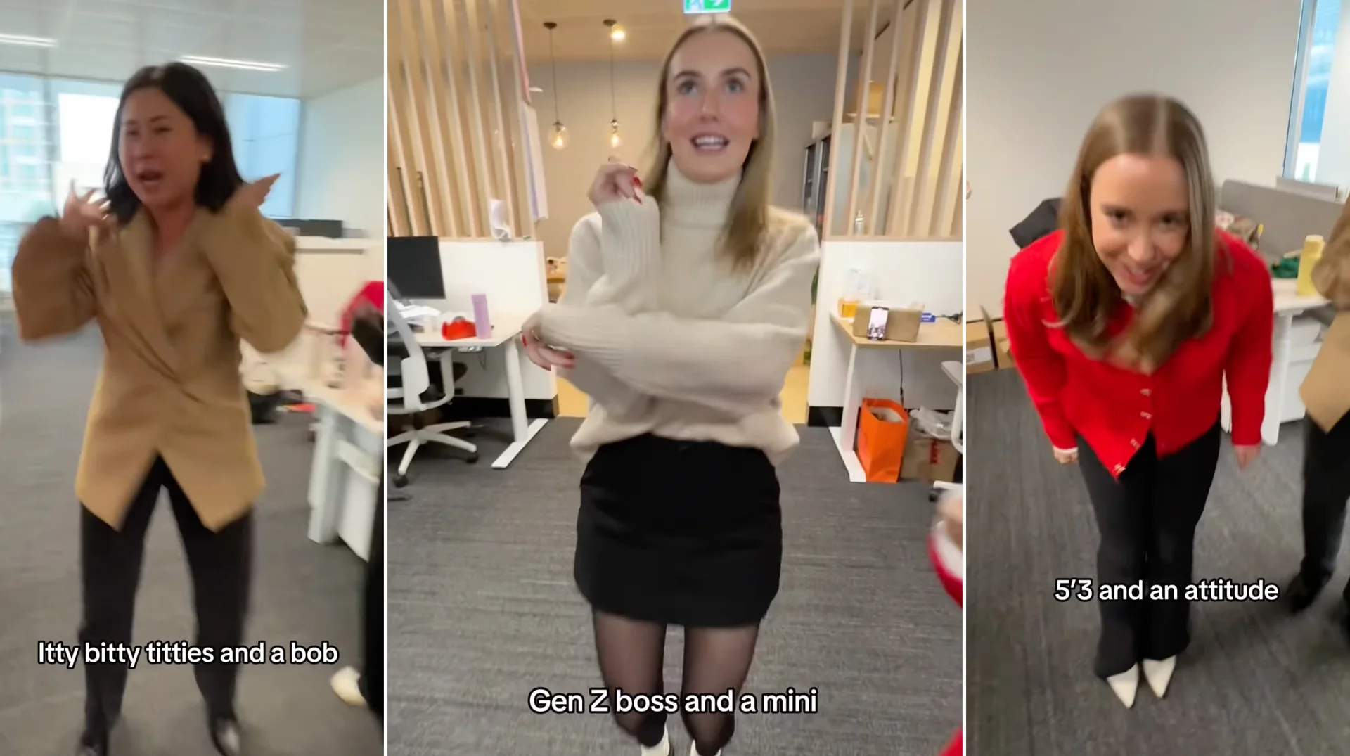 A three-panel screenshot from the viral TikTok trend soundtracked by the 'Gen Z boss and a mini' audio, in which young office workers pose to lyrics describing their look and attitude.