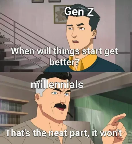 Generational outlook comparison with dark humor.