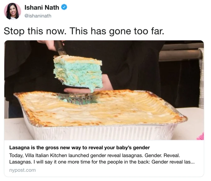 A viral reaction tweet responding to the Villa Italian Kitchen Gender Reveal Lasagna news.