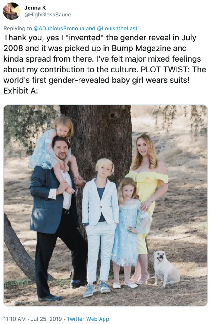 Jenna Karvunidis, credited with inventing gender reveal parties in 2008, shares mixed feelings about the trend she started.