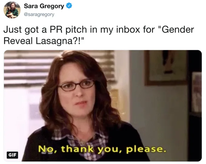 A journalist's reaction to receiving a PR pitch for the infamous Gender Reveal Lasagna.