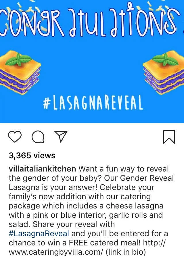Villa Italian Kitchen's promotional Instagram post for their controversial Gender Reveal Lasagna.