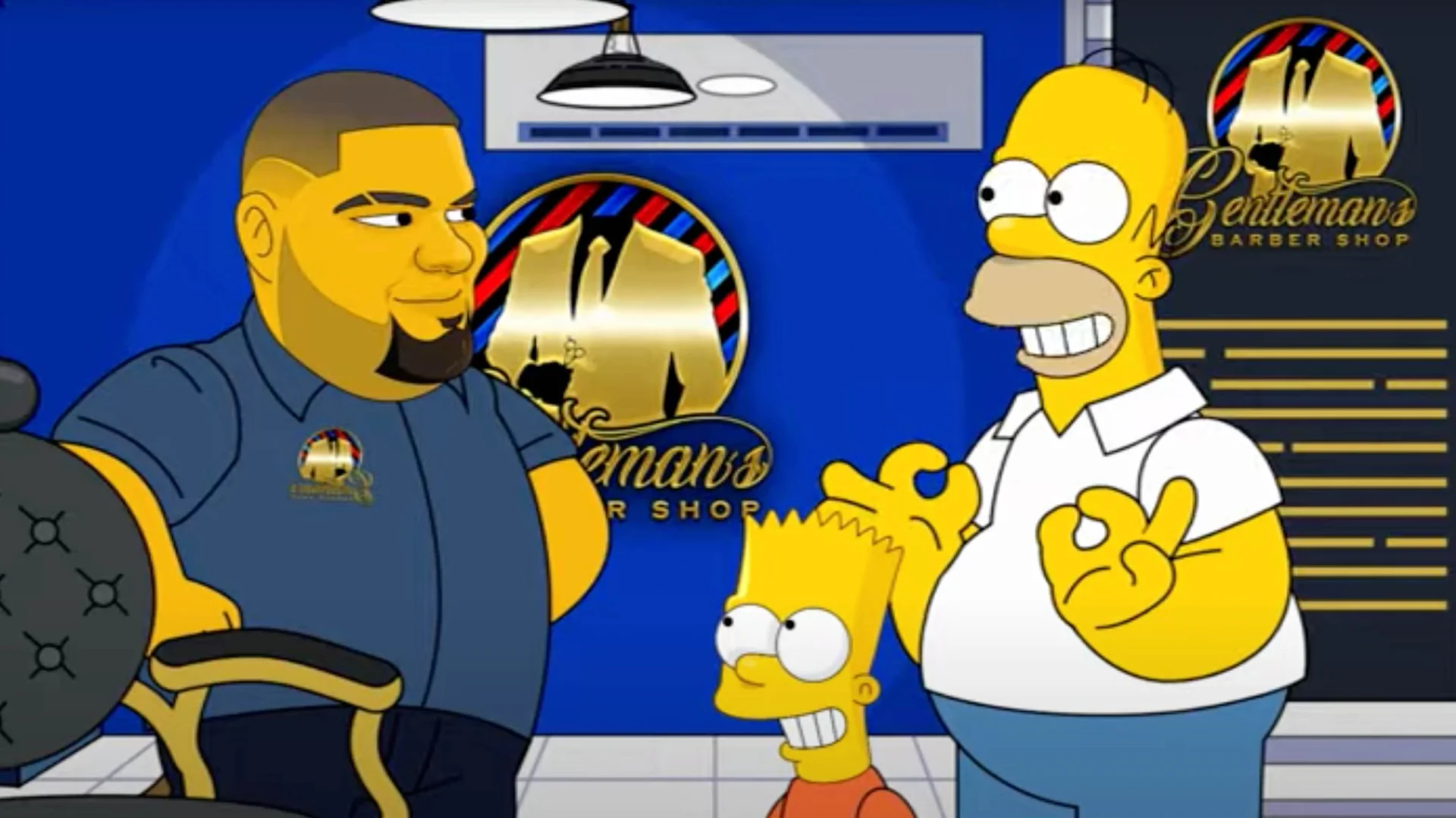 The Gentleman's Barber Shop cartoon scene featuring Homer Simpson sporting a fresh cut alongside Bart and the shop's barber, the viral image that spawned the 'Homero Pompadour' meme.