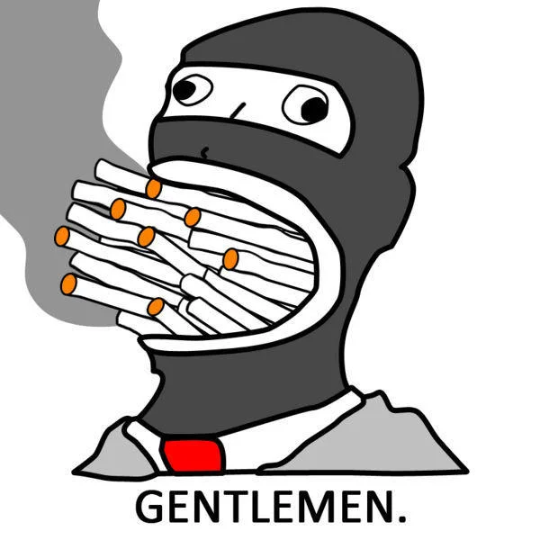 The canonical square crop of the 'Gentlemen.' meme, showing the masked figure inhaling a bouquet of lit cigarettes.