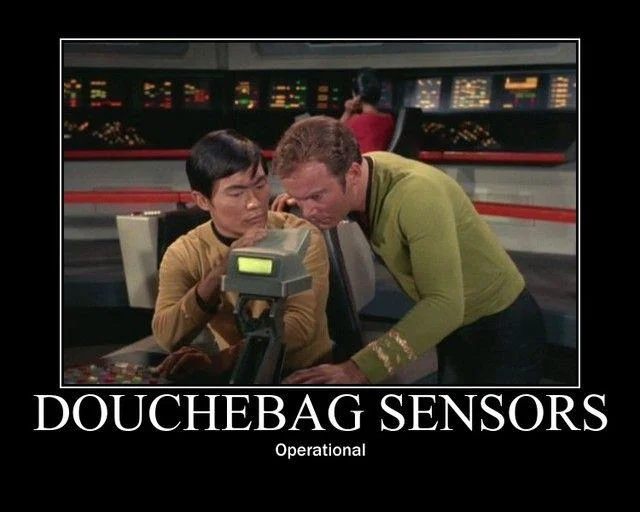 A fan-made 'Douchebag Sensors Operational' demotivator riffing on George Takei's Star Trek role and his viral takedown of Clint McCance.
