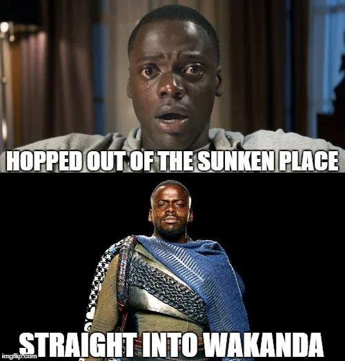Two-panel meme with Get Out shocked face and 'Hopped out of the Sunken Place' text.