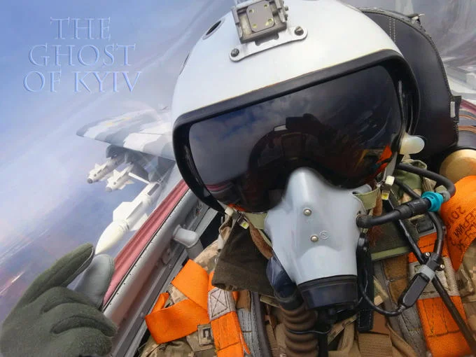 A widely shared promotional-style image of a pilot in the cockpit branded as 'The Ghost of Kyiv'.