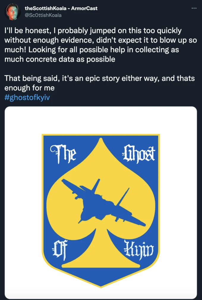 A follow-up from the tweet that helped launch the meme, sharing a fan-made heraldic crest for the Ghost of Kyiv.