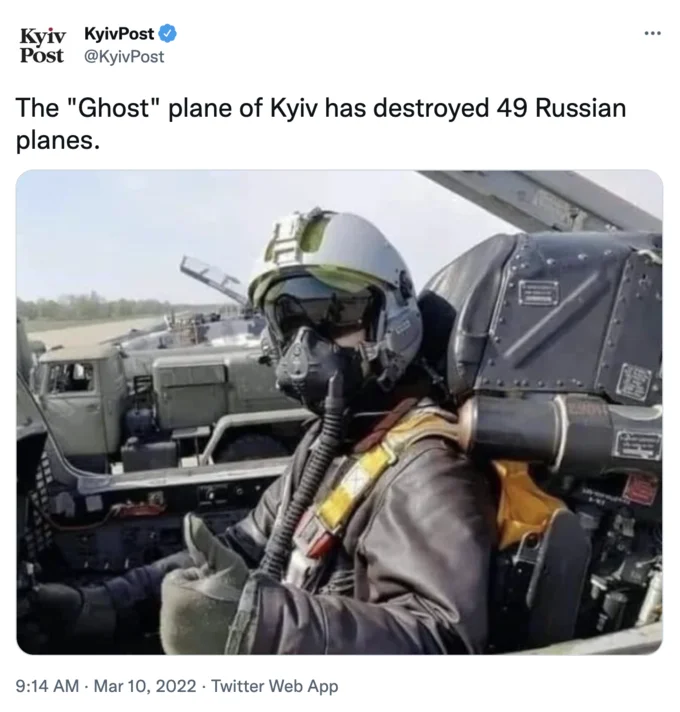 A Kyiv Post tweet amplifying the Ghost of Kyiv claim, reporting the pilot had shot down 49 Russian aircraft.