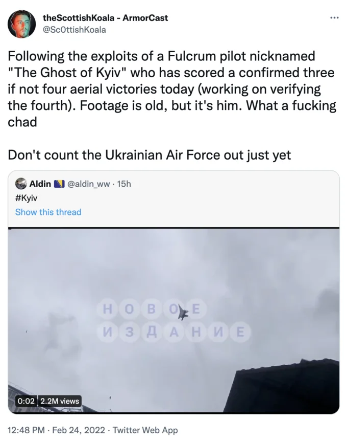 One of the earliest viral tweets that spread the Ghost of Kyiv legend, posted February 24, 2022, showing the MiG-29 footage that helped seed the myth.