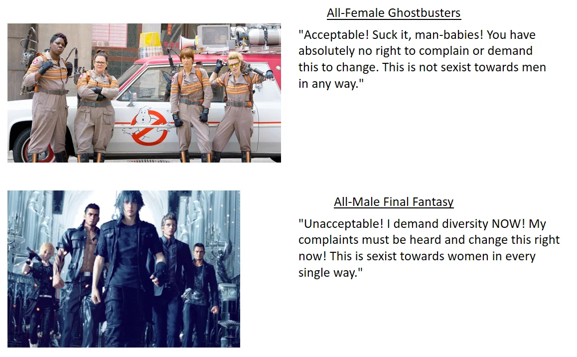 A composite meme mocking the 2016 Ghostbusters reboot by contrasting it with the original film's iconic parapsychology experiment scene.