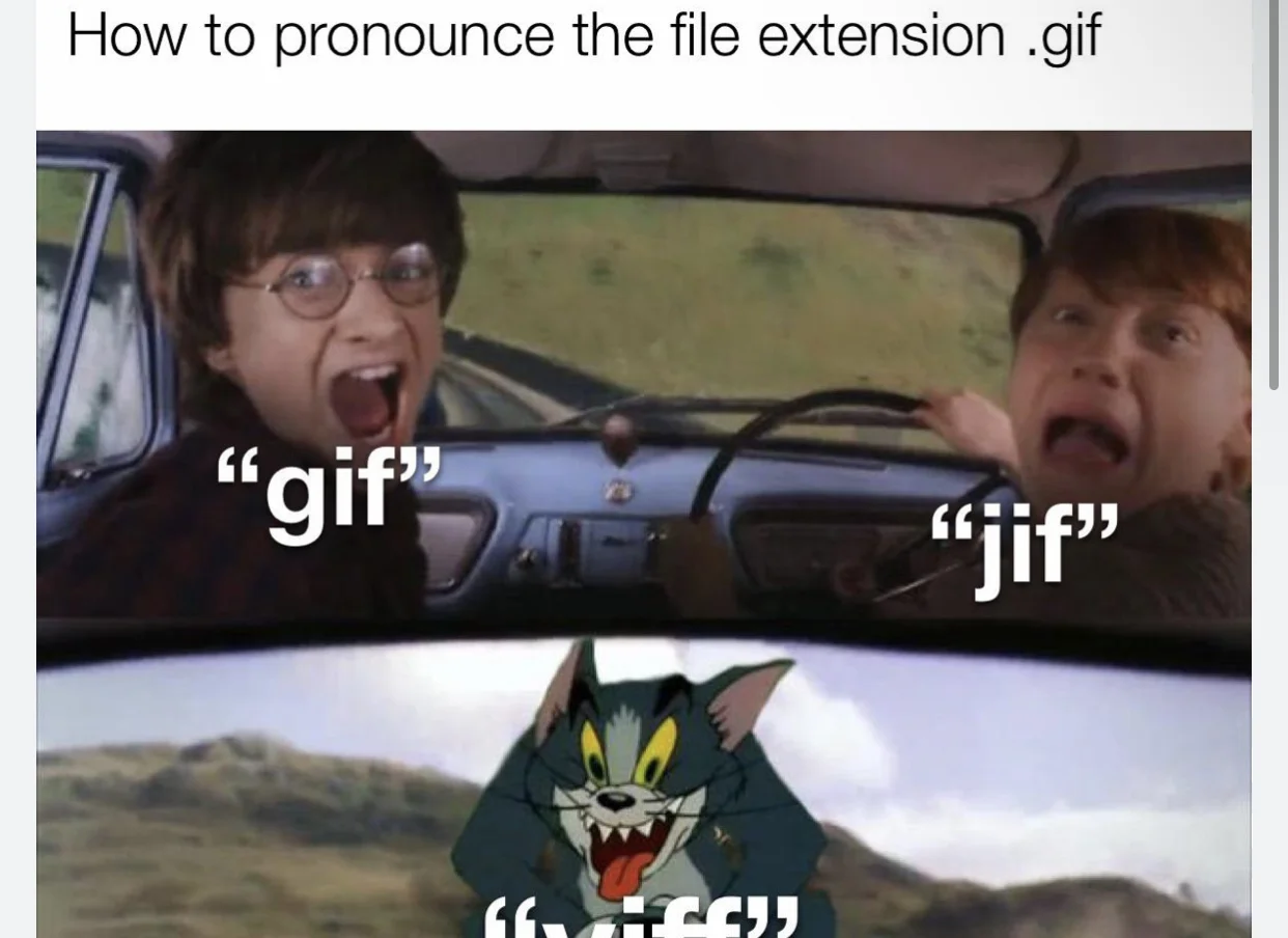 A Harry Potter/Tom and Jerry crossover meme adds a chaotic third option — 'yiff' — to the ongoing GIF-versus-JIF debate.