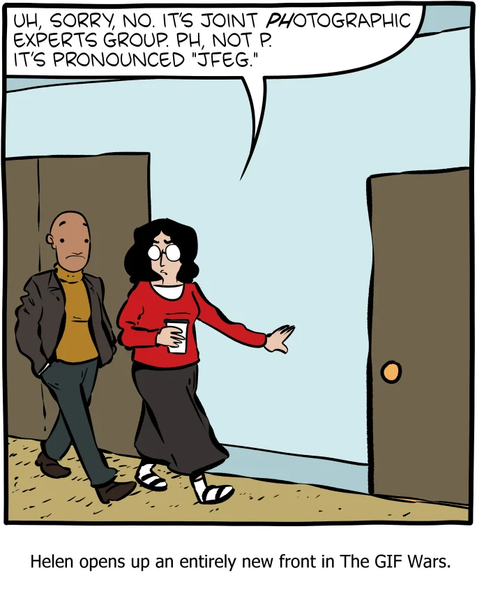 A Saturday Morning Breakfast Cereal comic extends the GIF pronunciation debate into a satirical 'JFEG' argument about JPEG.