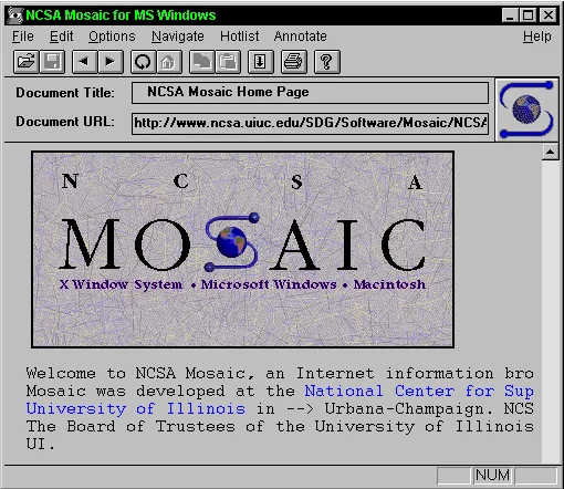 The NCSA Mosaic browser, whose inline image support helped popularize the GIF format on the early web.