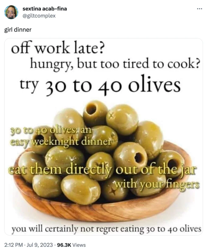 Jar of olives Girl Dinner.