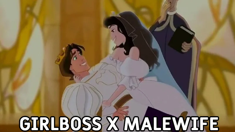 A promotional-style illustration of the 'Girlboss x Malewife' dynamic using a subverted Disney wedding scene.
