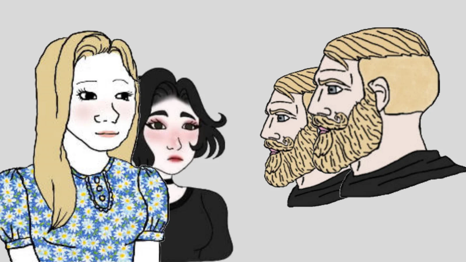 The iconic 'Girls vs. Boys' Wojak comparison image, contrasting soft feminine characters with hyper-masculine bearded Chads.