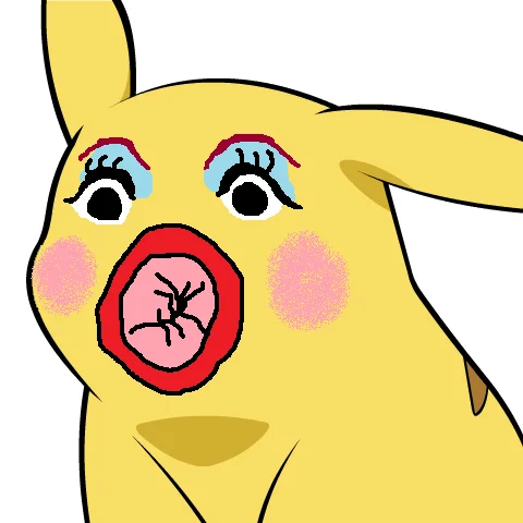 An exploitable edit giving Pikachu a bizarre clown-like face with wide eyes and a gaping red mouth.