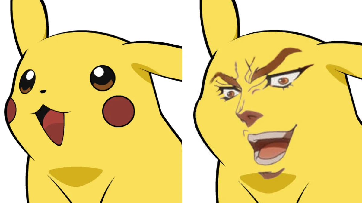 The archetypal 'Give Pikachu a Face' comparison: the original cartoon Pikachu next to a redrawn version featuring an intense, hyper-realistic anime face.