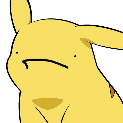 A minimalist face edit reducing Pikachu to two eye dots and a flat, unimpressed mouth.