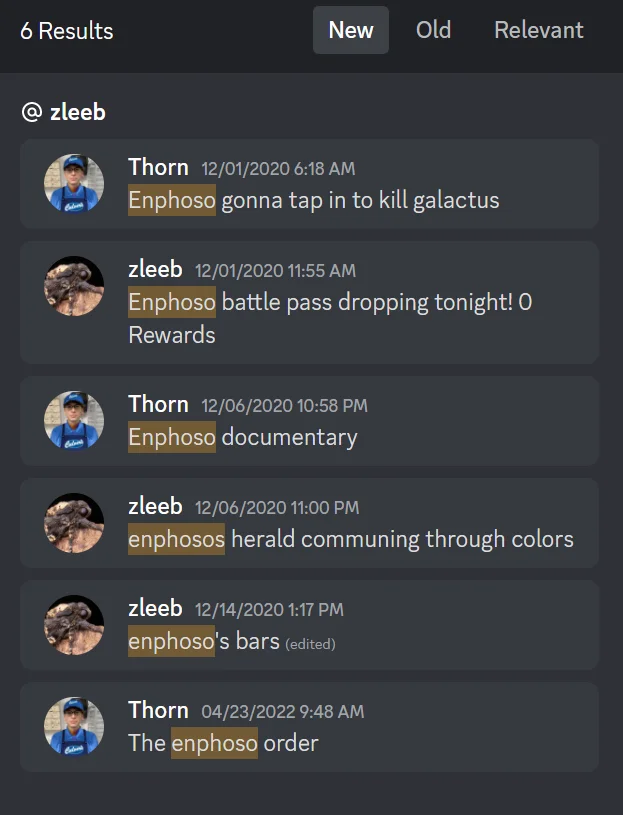 Discord search results collecting early references to 'Enphoso', one of the two 'glaggle' archetypes tied to the Glaggleland mythos.