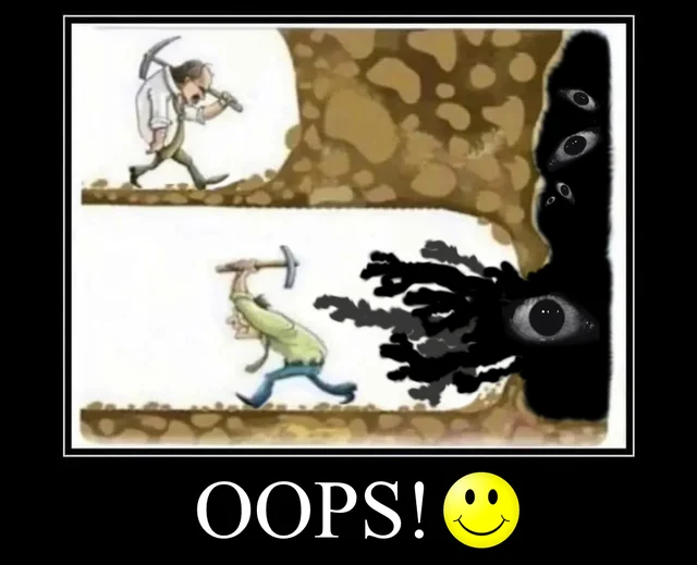 A 'glaggle' lore image using the classic miners-releasing-something-evil cartoon, warning that digging too deep unleashes the darker side of Glaggleland.