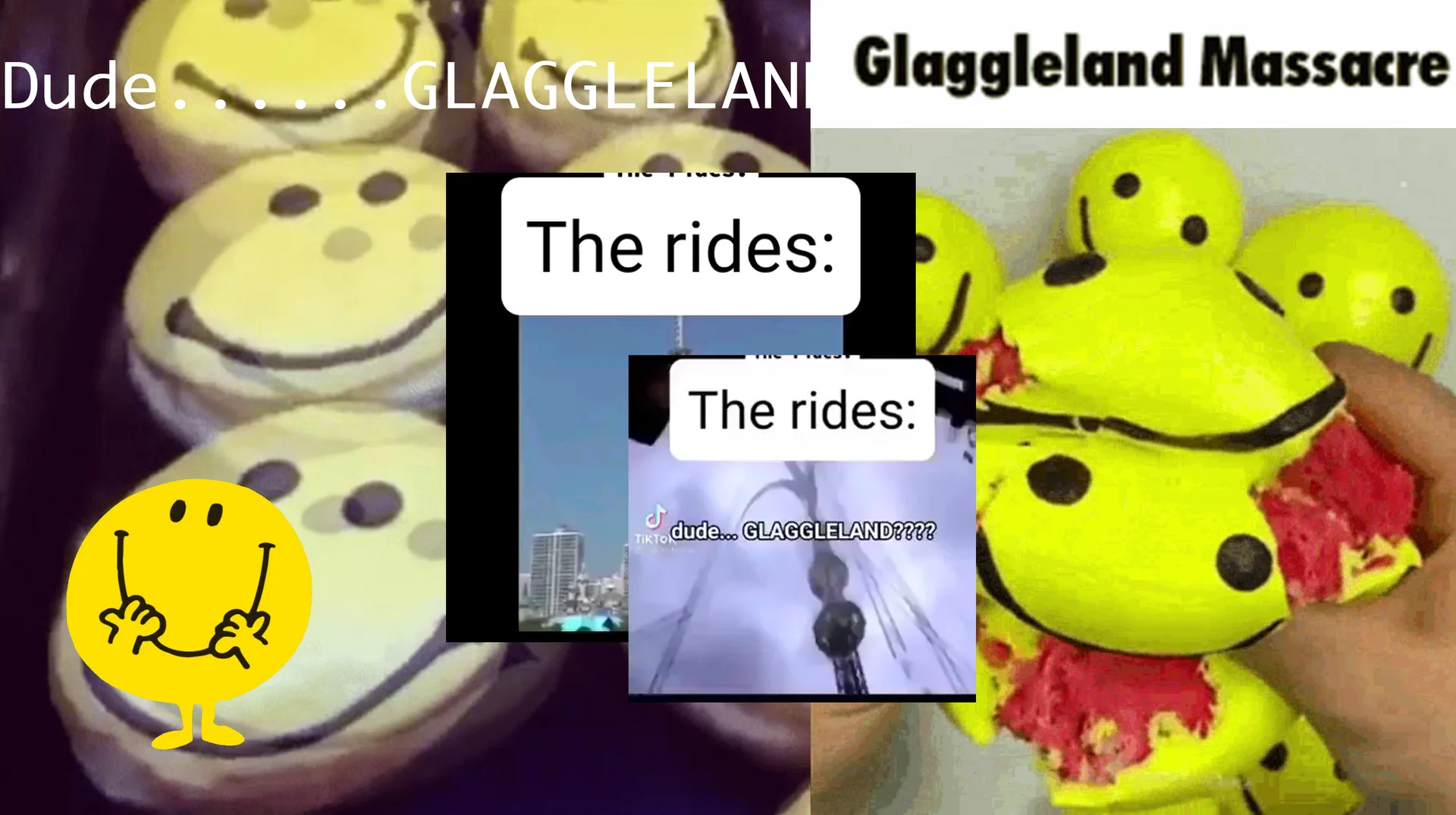 Cover collage for the Glaggleland meme, combining its most recognizable visual motifs: smiley-face 'glognut' donuts, the TikTok 'dude... GLAGGLELAND????' caption, and the 'Glaggleland Massacre' bit.