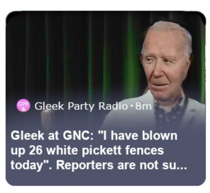 A fake 'Gleek Party Radio' push notification extending the meme's lore with an absurdist news headline about the Gleeks candidate.