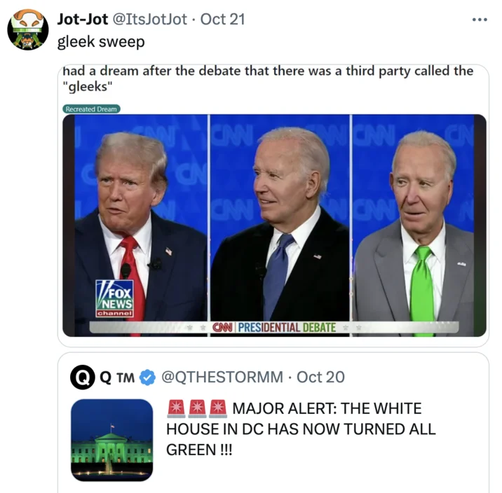 'gleek sweep' — a viral tweet joking that the Gleeks Party had taken over after a QAnon account claimed the White House had turned green.