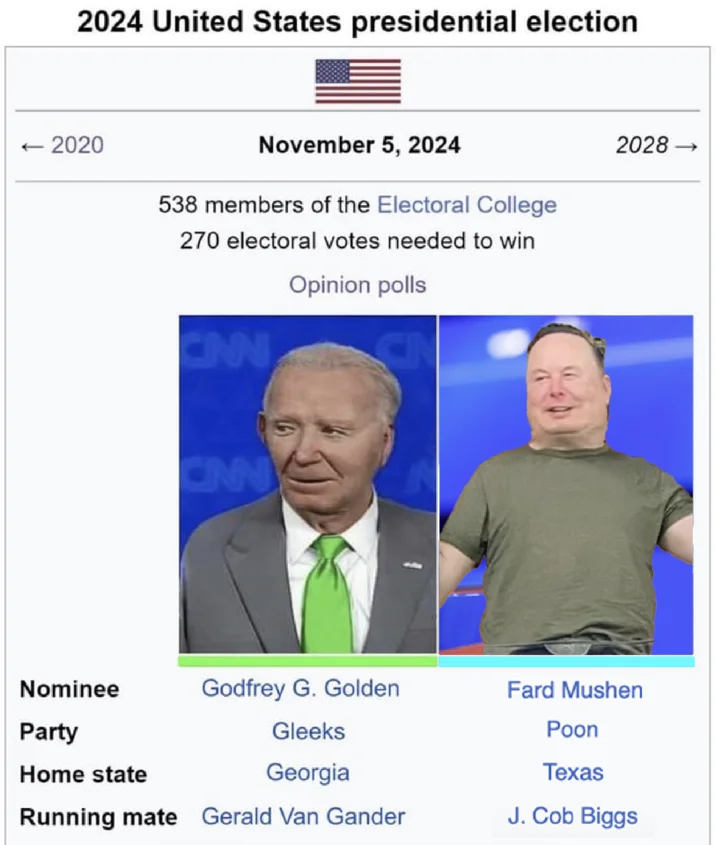 An expanded fake election infobox showing the Gleeks' Godfrey G. Golden squaring off against 'Fard Mushen' of the Poon Party, an Elon Musk parody.