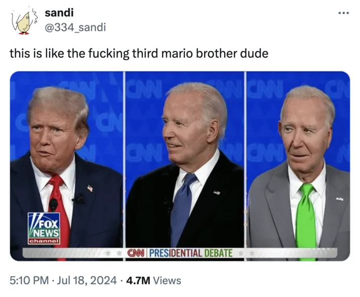 A viral tweet from @334_sandi (4.7M views) helped spread the Gleeks image by comparing the mystery third candidate to a lost Mario brother.