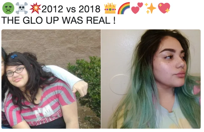 Glow-up before-and-after transformation from 2012-2018 showing dramatic appearance improvement