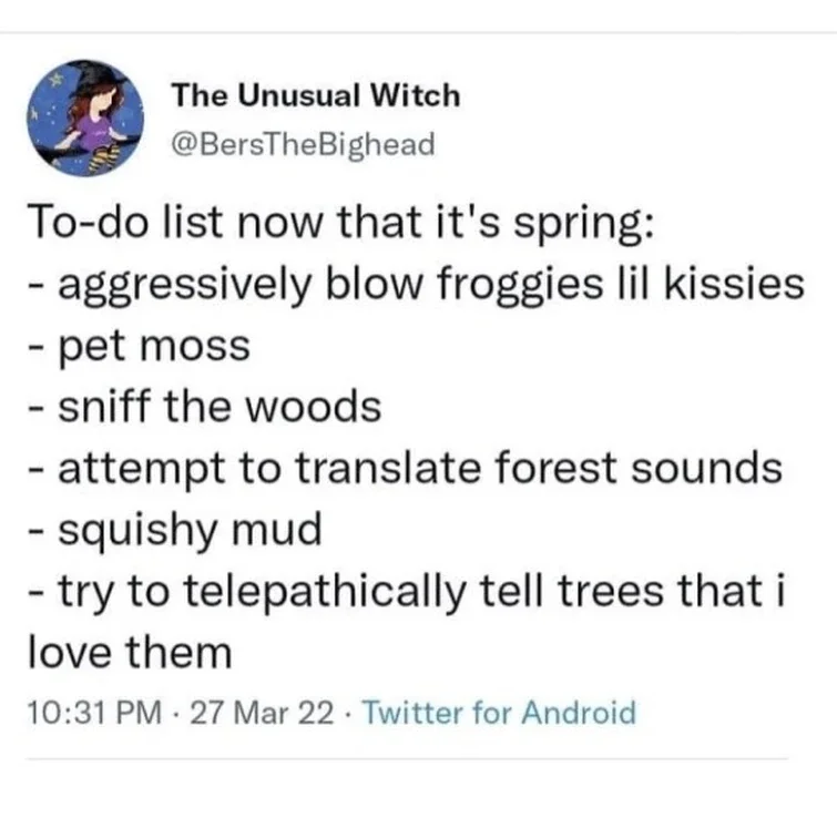 Twitter post goblincore spring to-do list with nature activities and unusual pursuits