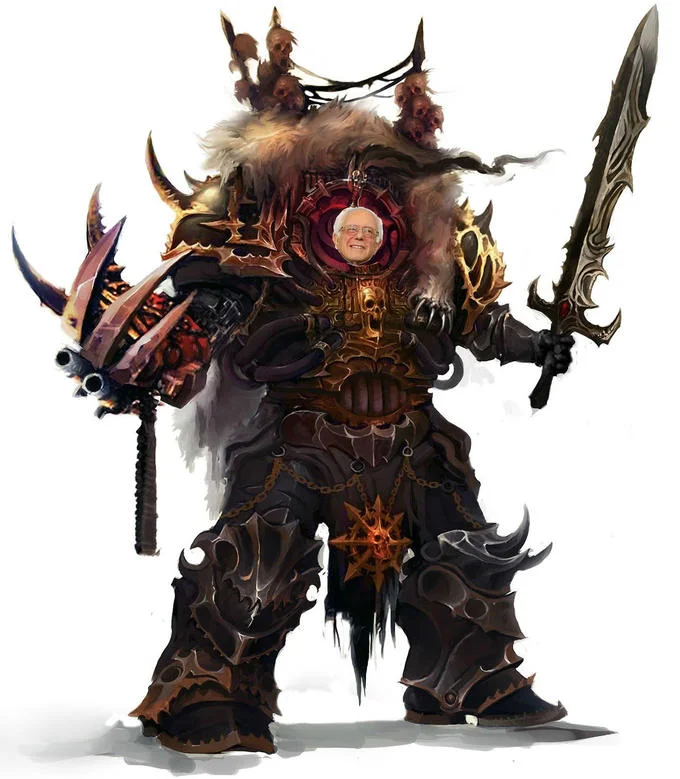 A parody response depicting Bernie Sanders as a Chaos champion, positioned as an antagonist to the God-Emperor Trump imagery.