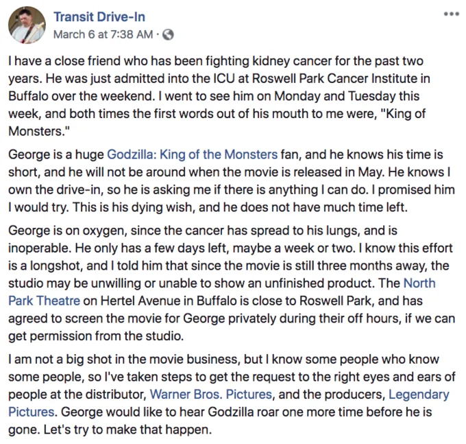 The original Facebook post from Transit Drive-In owner Rick Cohen that launched the #GodzillaForGeorge campaign in March 2019.