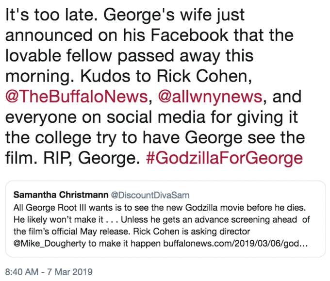The follow-up tweet announcing George Root III's passing before the release of Godzilla: King of the Monsters.