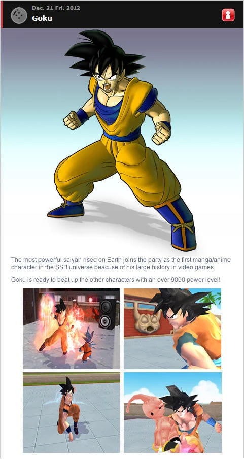 A fan-fabricated Super Smash Bros. character reveal page announcing Goku's inclusion.