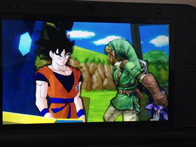 A 3DS screenshot showing Goku appearing alongside Link, part of the Goku-in-Smash meme.