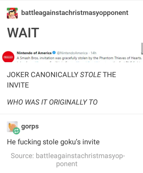 A Tumblr thread reacting to Joker's Smash reveal by joking that he stole Goku's invitation.