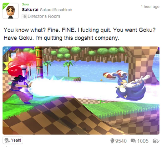 A parody Miiverse post joking that Sakurai gave in and added Goku to Super Smash Bros.