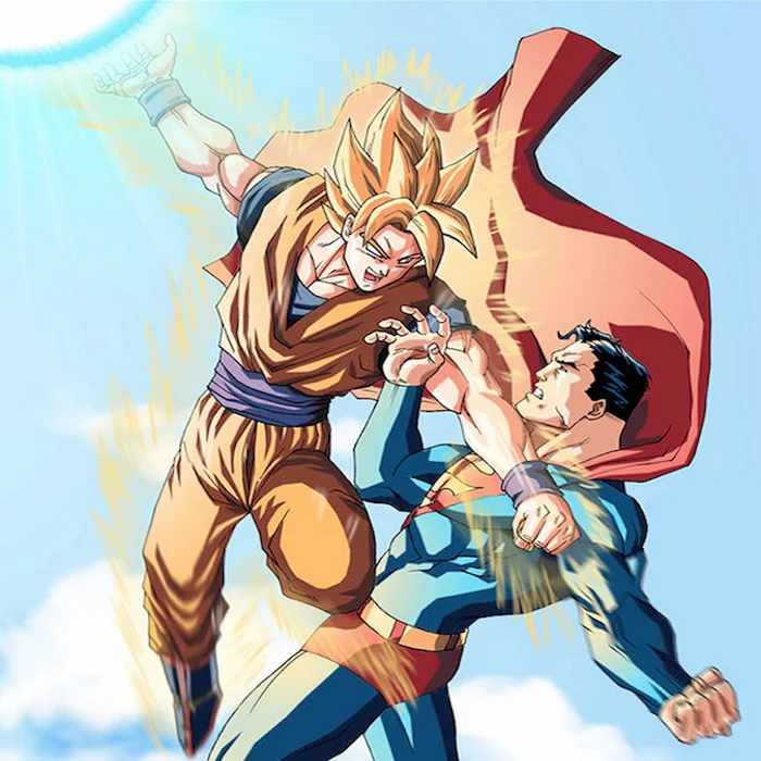 Fan art depicting the iconic crossover battle between Dragon Ball's Goku and DC Comics' Superman.