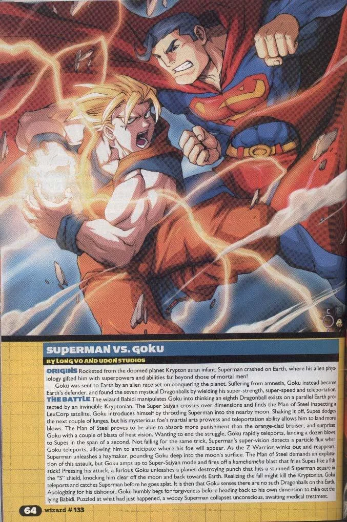 Wizard Magazine's detailed breakdown of a hypothetical Superman vs. Goku battle by Long Vo and Udon Studios.